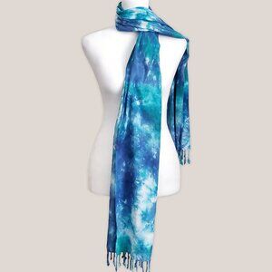Lake Blue Tie Dye Scarf | Blue Teal Hand-Dyed Fringe Wrap in Rayon